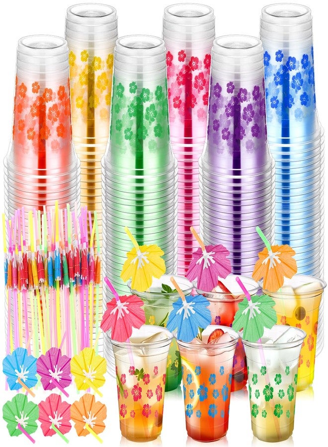 Qinyoung 240 Pcs Hibiscus Plastic Cups and 240 Pcs Umbrellas Flower Straws 12oz Clear Disposable Cups for Tropical Summer Hawaiian Birthday Beach Pool Party Supplies - Image 1
